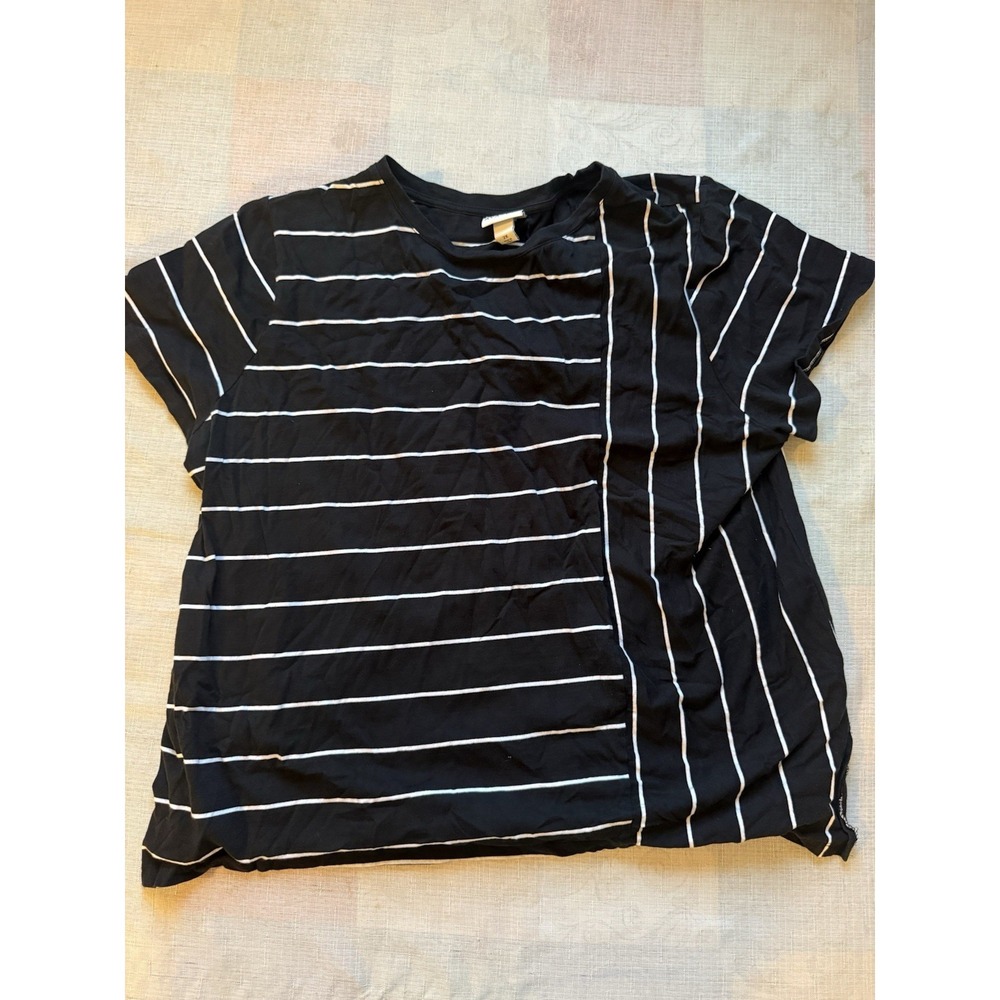 AVA & VIV Women's 2X Plus Black White Stripe Short Sleeve Casual Top Blouse—1